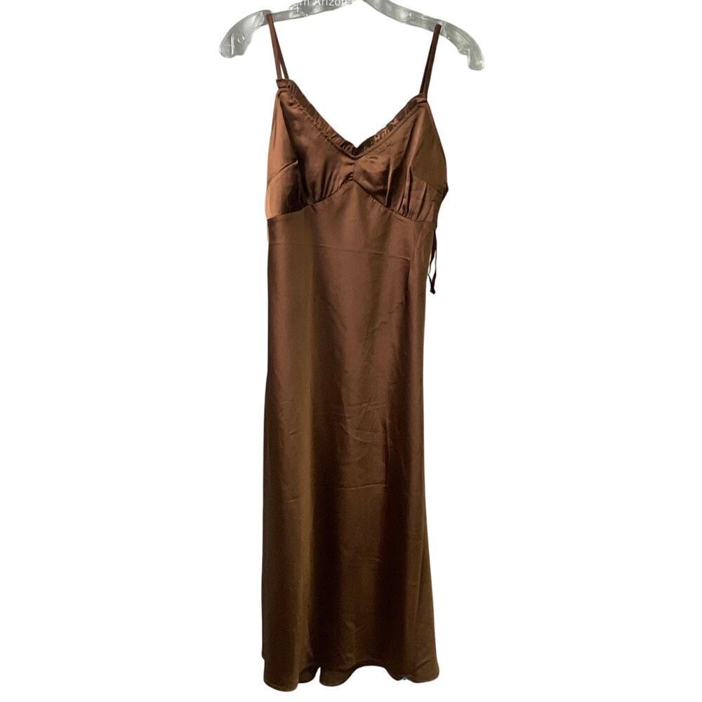 Japna Satin Brown Slip Dress S – Spaghetti Straps V-Neck Y2K Minimalist NEW!